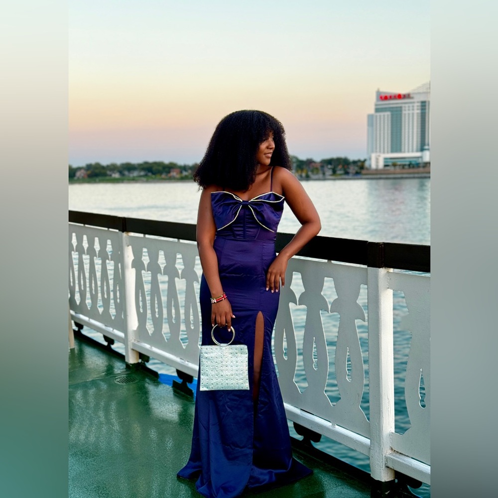 Blue satin gown with bow tie
